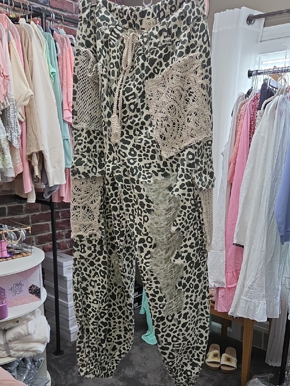 Leopard Print Crochet Patch Pocket Distressed Joggers